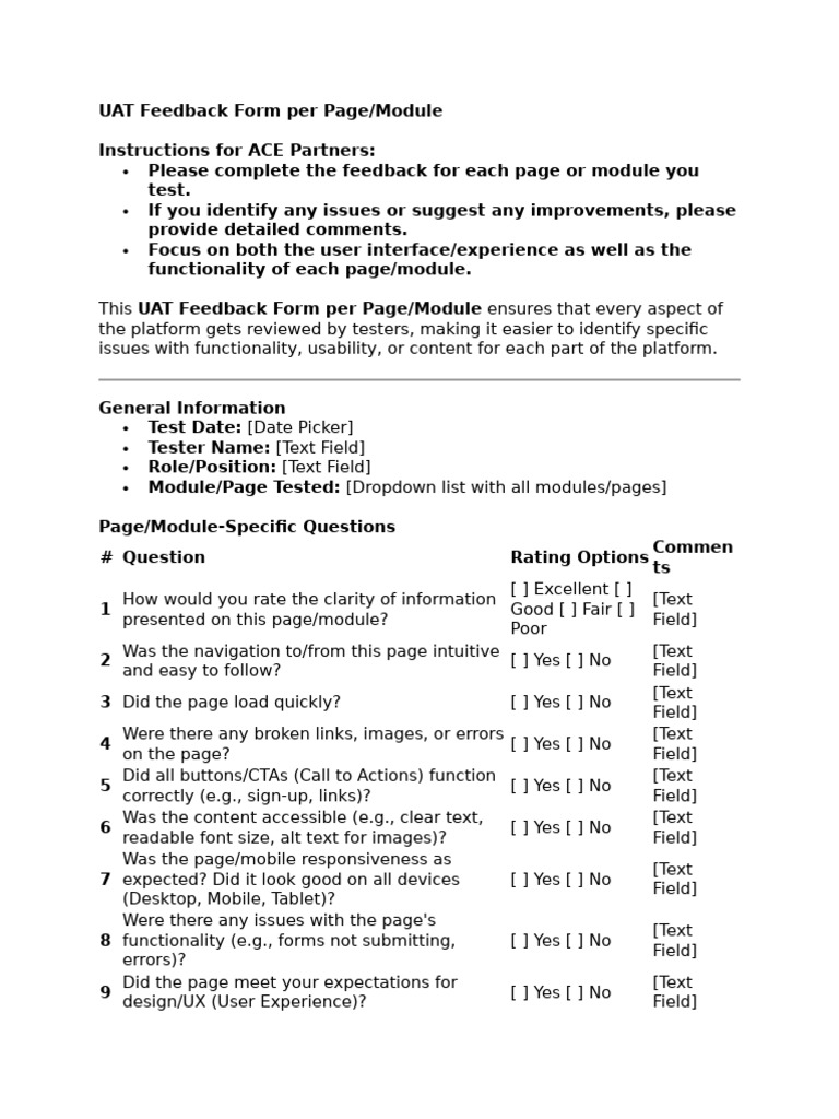 UAT Feedback Form Per Page | PDF | Usability | Computing