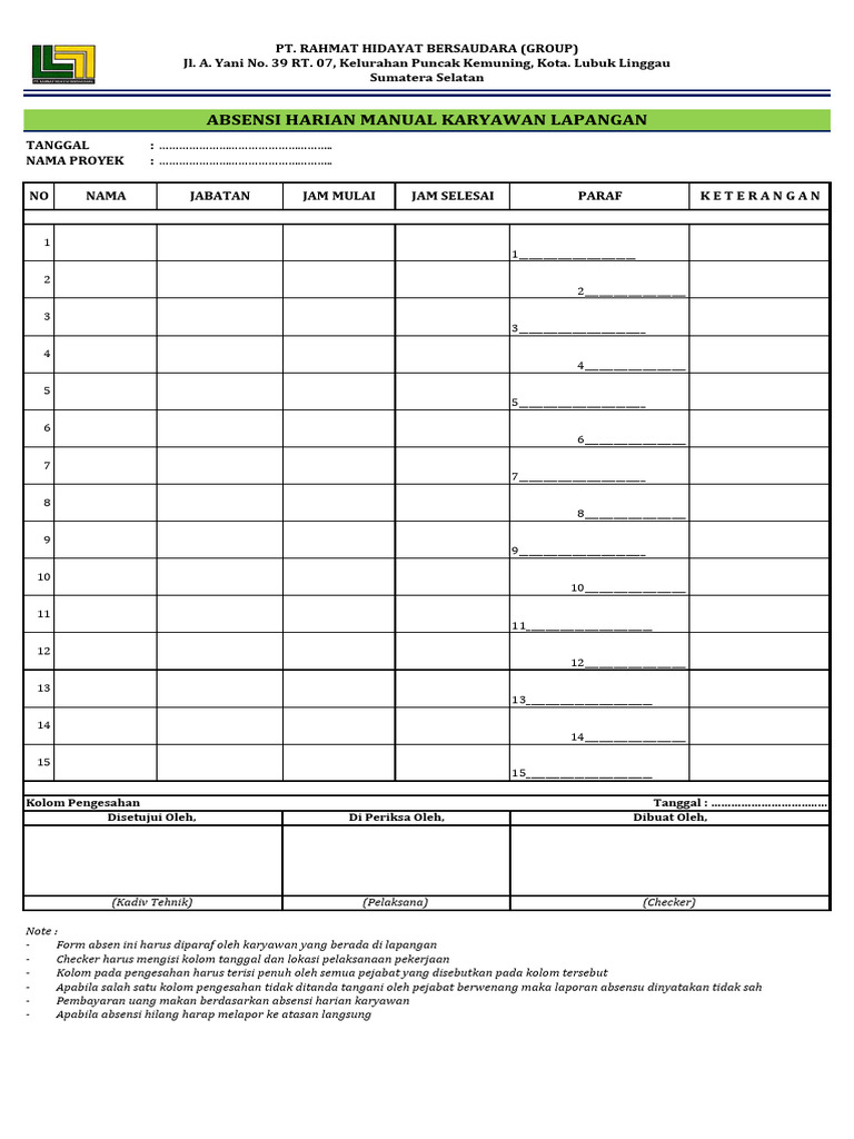 Form Absensi Harian Karyawan Lapangan | PDF
