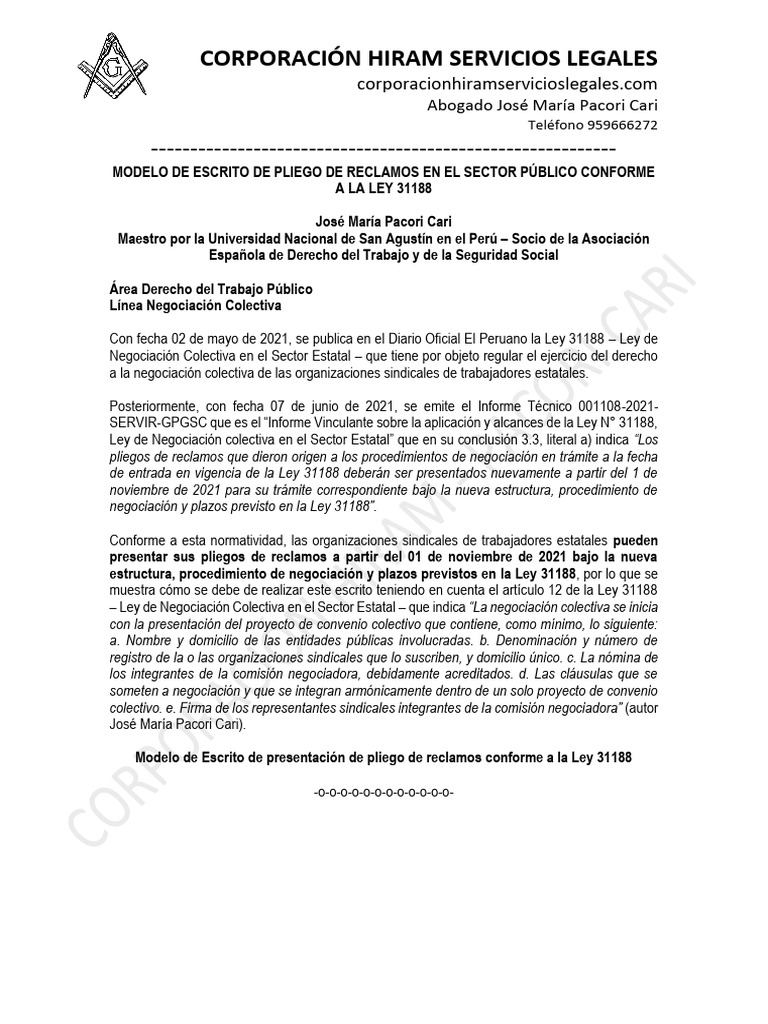 Modelo Escrito de Pliego de Reclamos Sector Público Ley 31188 | PDF ...