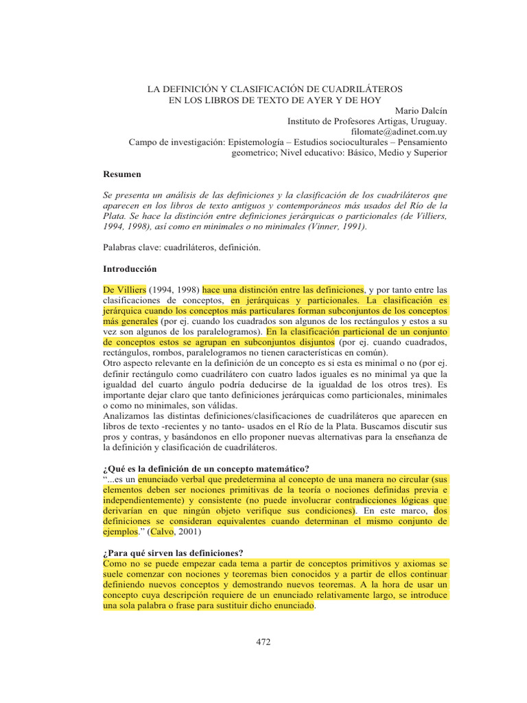 Dalcin La Definicion y Clasificacion de Cuadrilateros | PDF ...