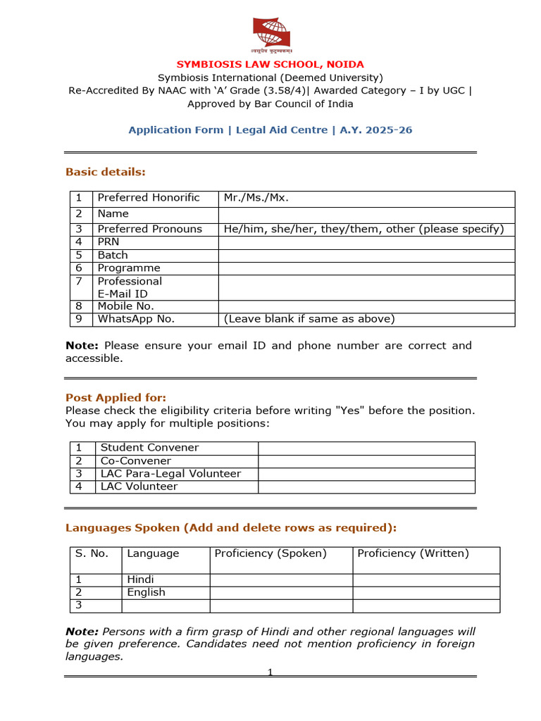 LAC Application Form - AY 2025-26 | PDF