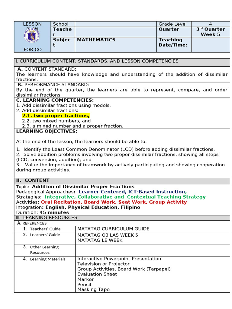 Cot Q3 Mathematics4 W5-D3 DLP-1 | PDF | Educational Assessment | Learning