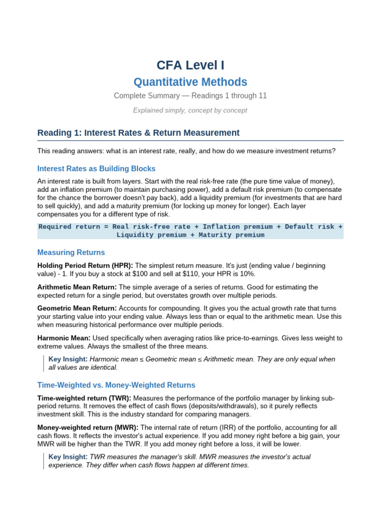 Cfa Quant Methods Summary | PDF | Present Value | Skewness