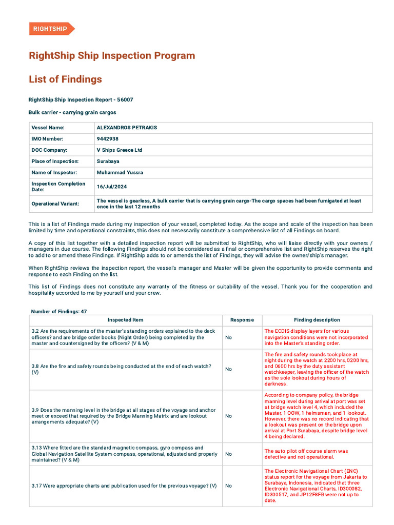 Report by Respondent For - Re-Organised RightShip Inspection Ship ...