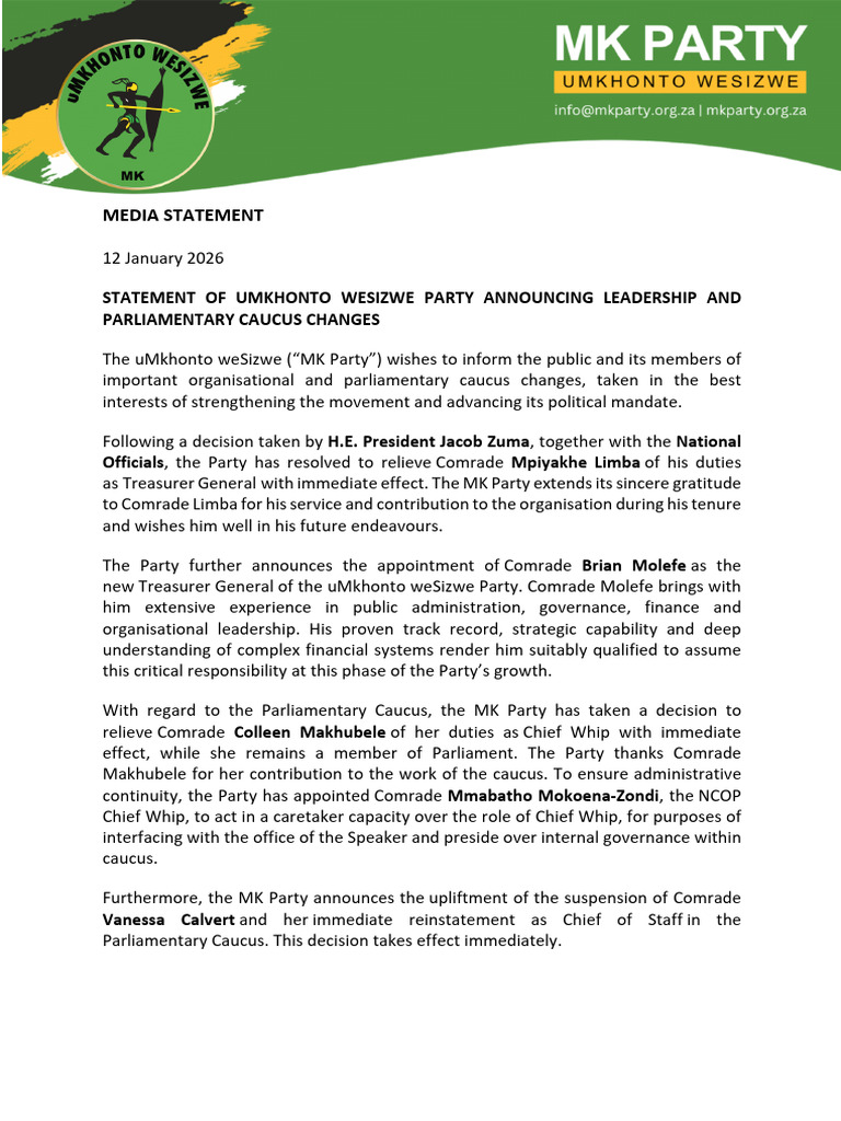 Statement of Umkhonto Wesizwe Party Announcing Leadership and ...