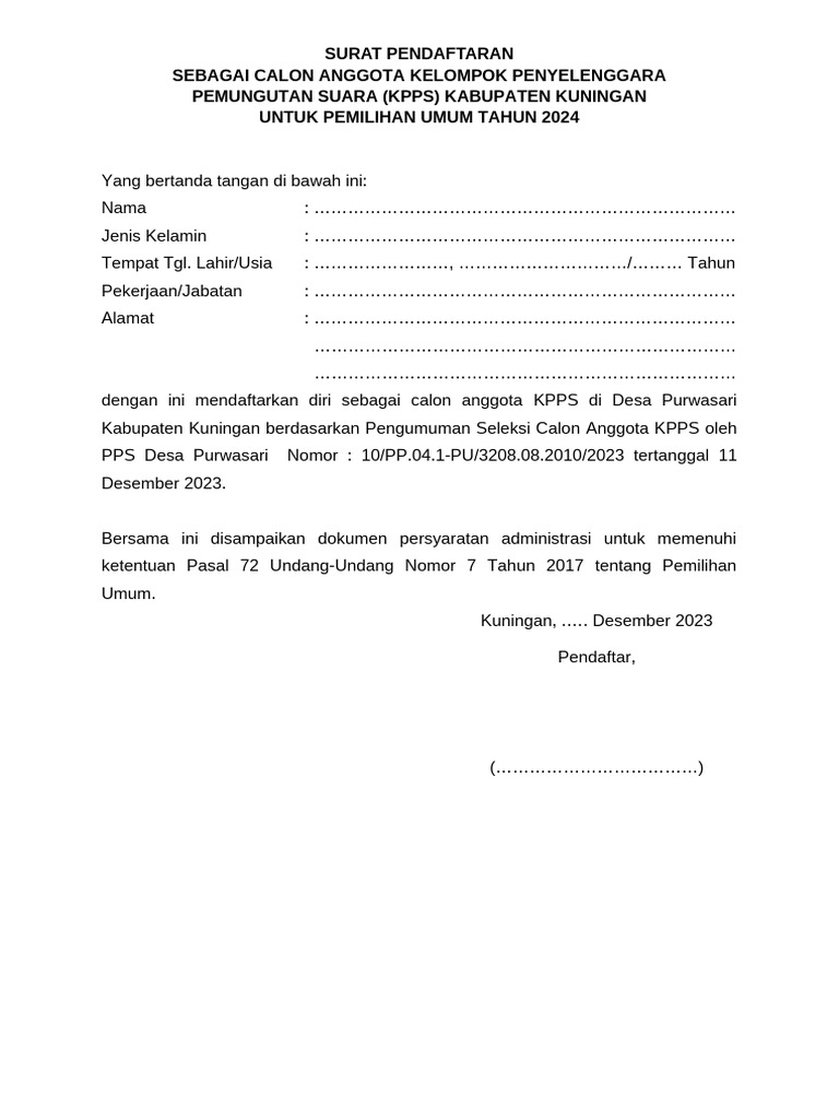 1 - Format Surat Pendaftaran KPPS Kab. Kuningan | PDF