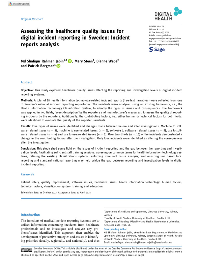 Assessing The Healthcare Quality Issues For Digital Incident Reporting ...