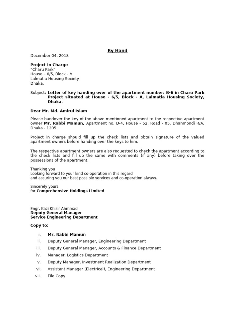 Key Hand Over Letter, B-6 | PDF