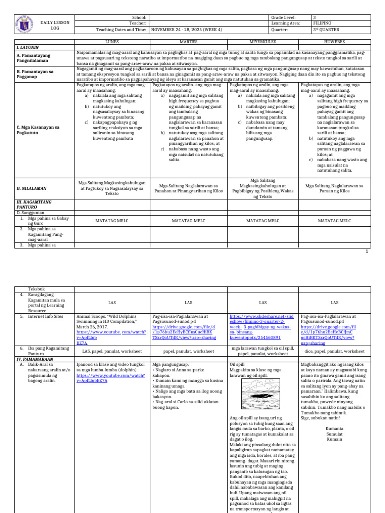 DLL Filipino 3 q3 w4 | PDF
