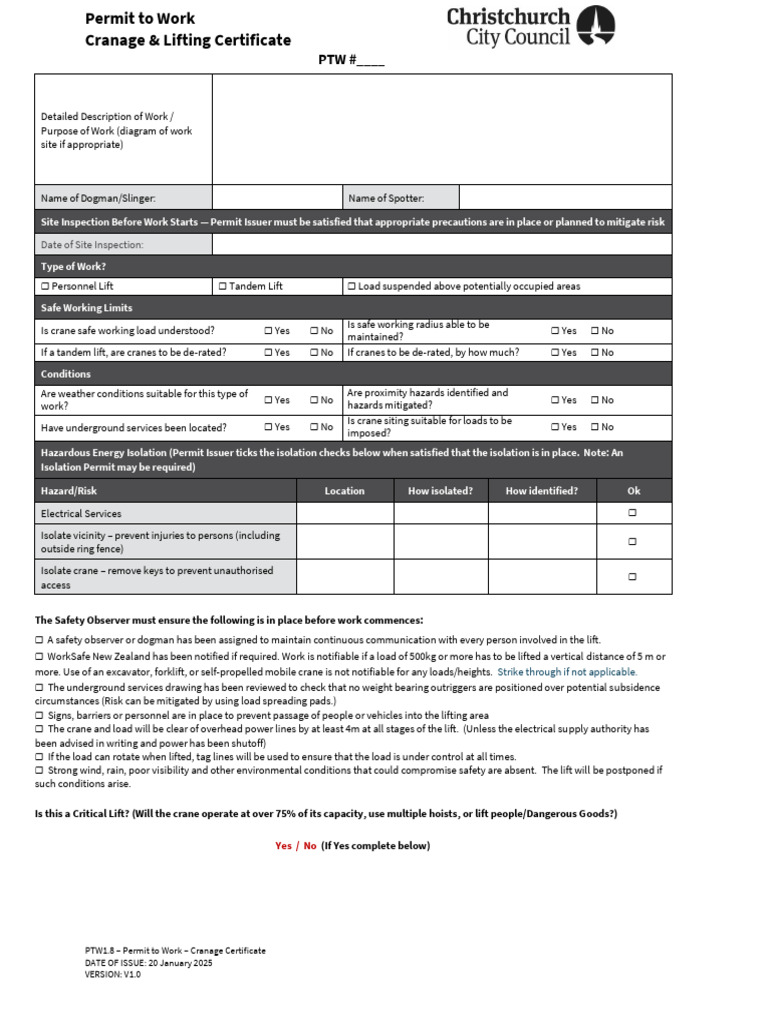 PTW1.8 Permit To Work Cranage Certificate | PDF | Crane (Machine ...