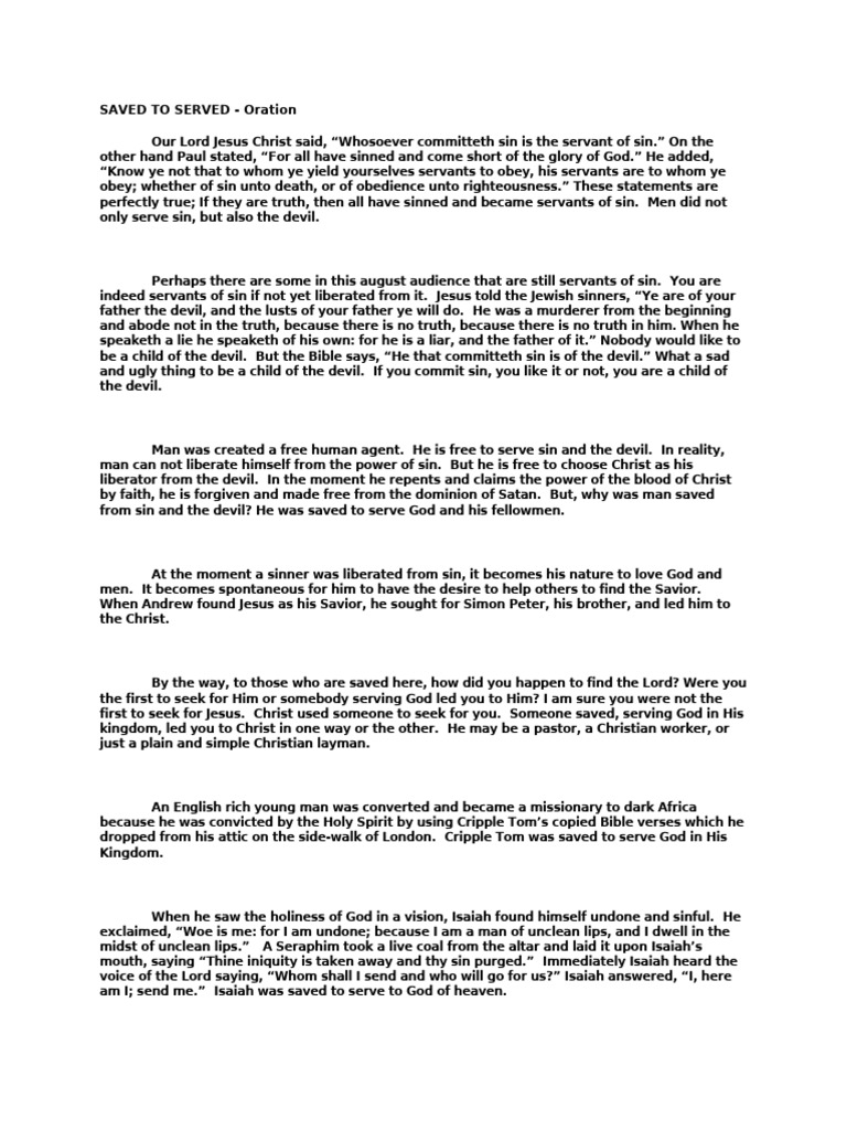 Saved To Serve - Oration From Pastor Vic Luzong | PDF | Jesus | Satan