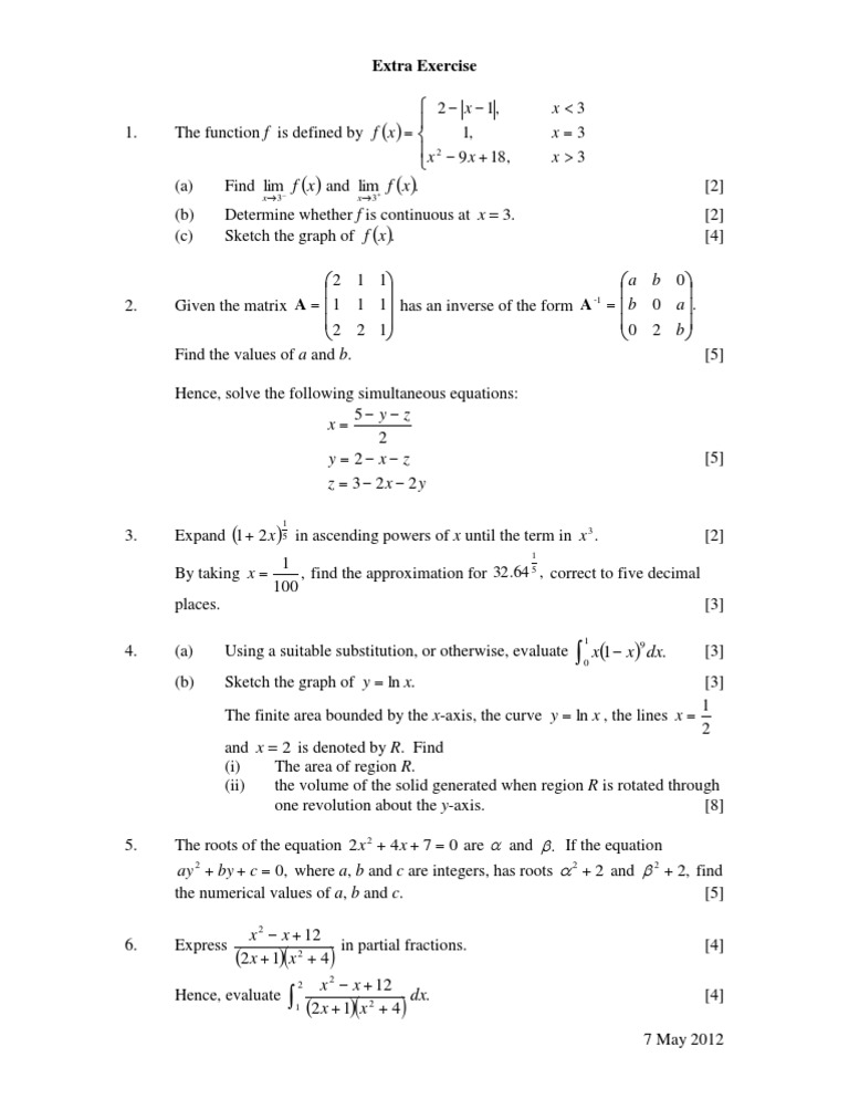 Extra Exercise 1 | PDF | Equations | Elementary Mathematics