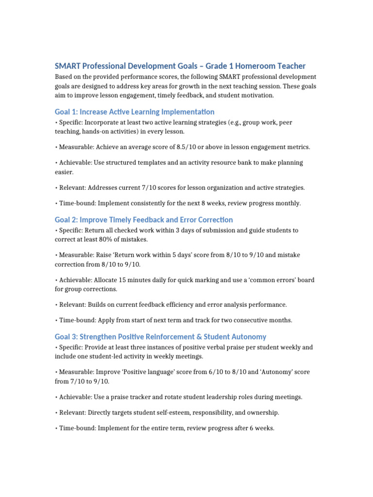 SMART Professional Development Goals Grade1 | PDF | Psychology ...