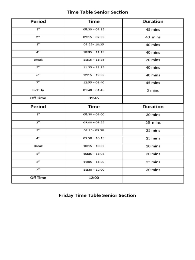 Time Table Senior | PDF