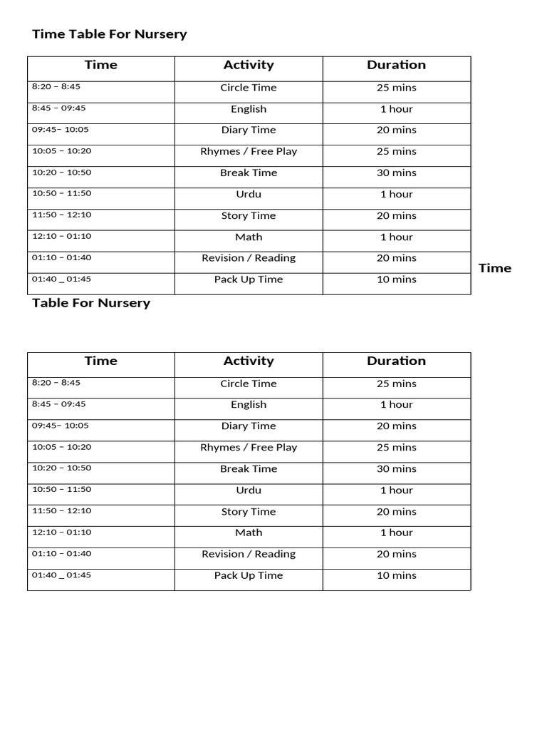 Time Table Nursery | PDF