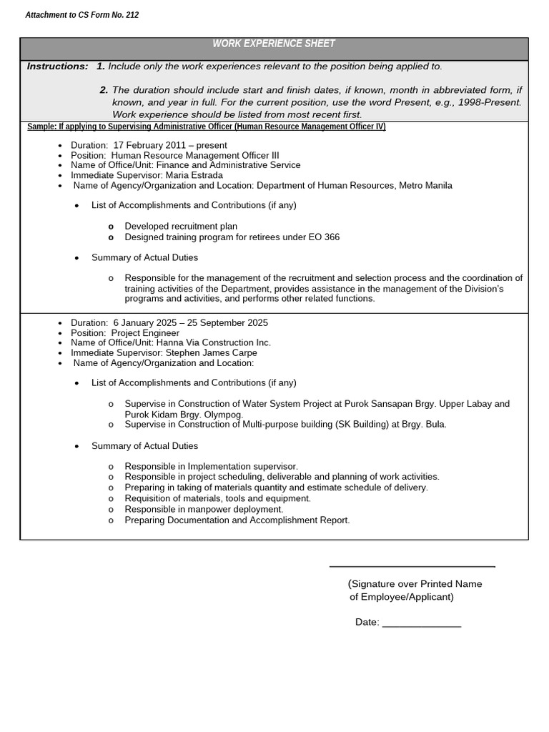 ANNEX H-2 - CS Form No. 212 Attachment - Work Experience Sheet | PDF ...