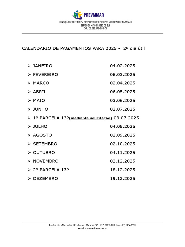 Calendario Datas de Pagamento Doc 2 Dia Util Doc 2025 Atualizado | PDF