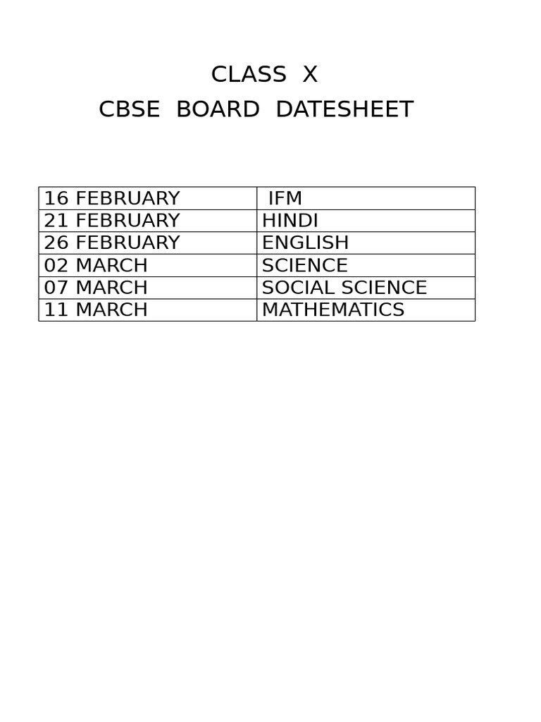 Class X Cbse Board Datesheet | PDF