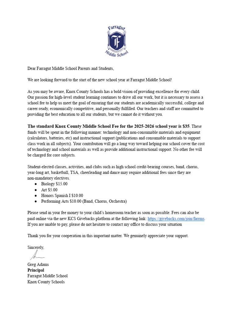 FMS 2025-26 Fee Letter | PDF
