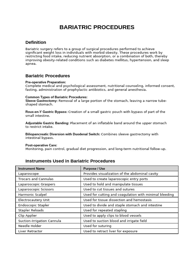 Bariatric Procedures Assignment | PDF | Bariatric Surgery | Surgery