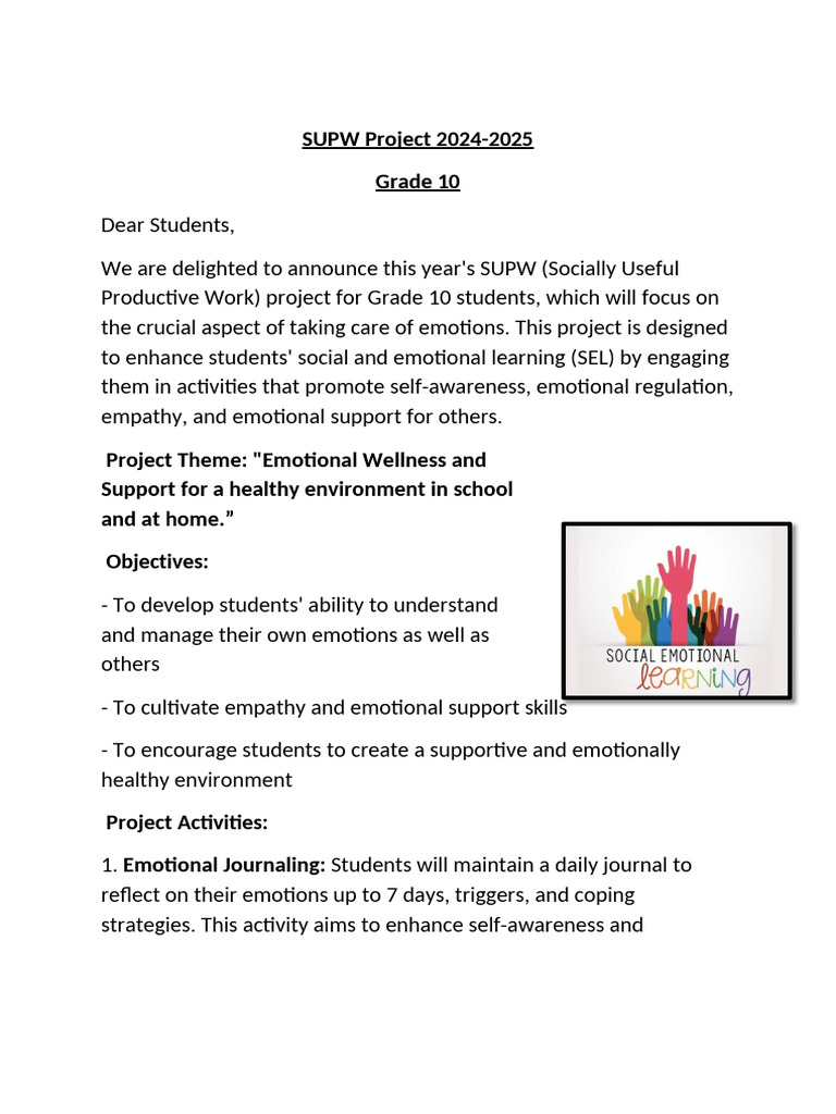 SUPW Project Grade 10 - 2024-25 | PDF | Empathy | Emotional Self Regulation