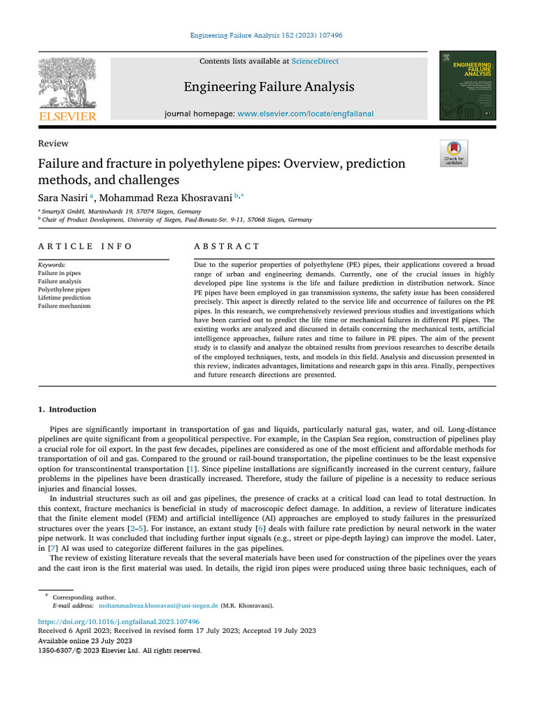 Nasiri and Khosravani (2023) Failure and Fracture in Polyethylene Pipes ...