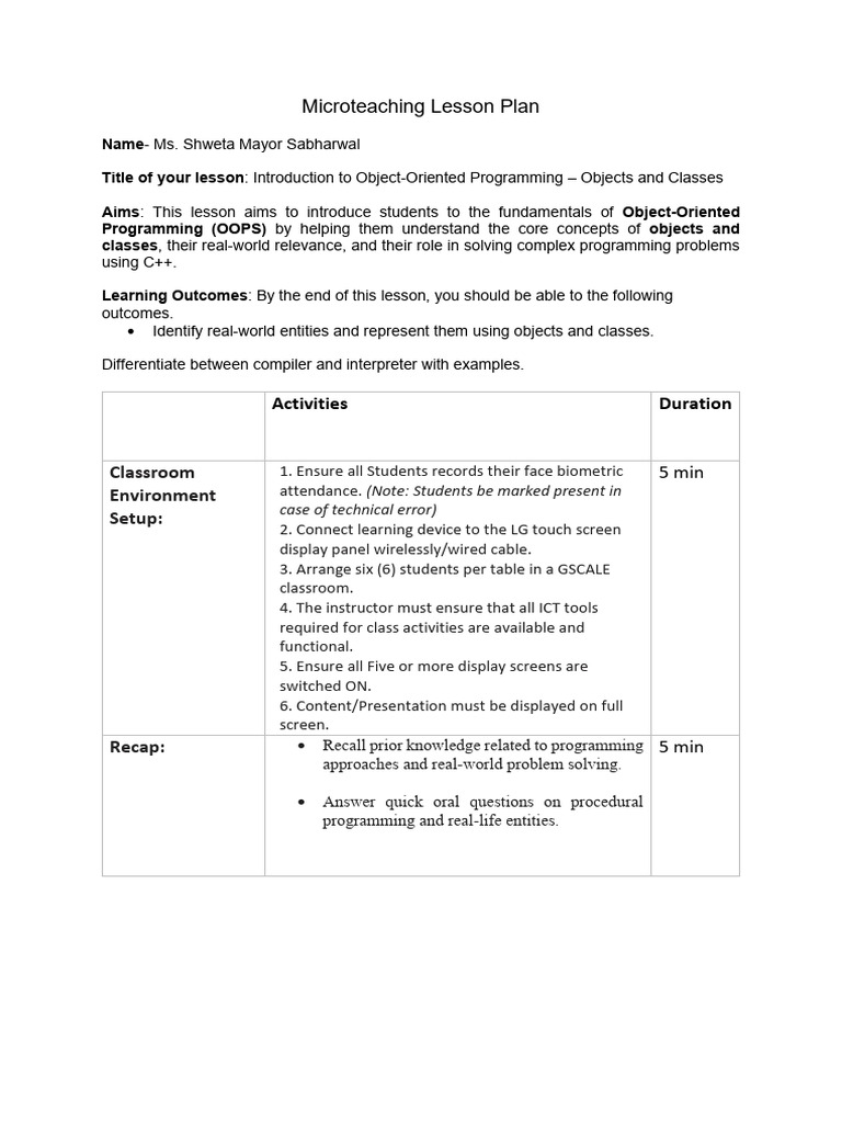 Microteaching Lesson Plan - Lecture-1 | PDF | Object Oriented ...