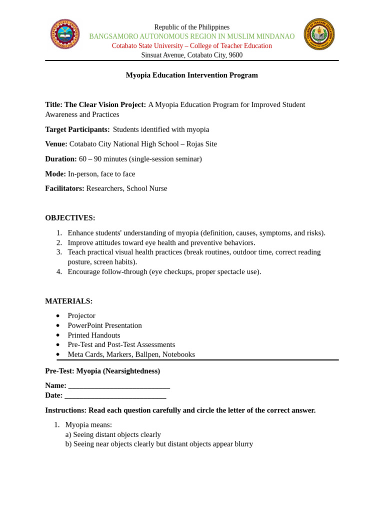 Myopia Education Intervention Program | PDF | Myopia | Contact Lens