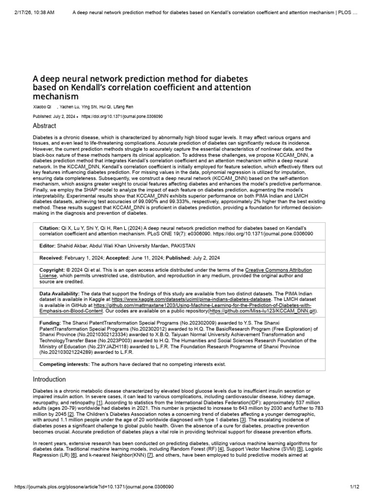 A Deep Neural Network Prediction Method For Diabetes Based On Kendall's ...