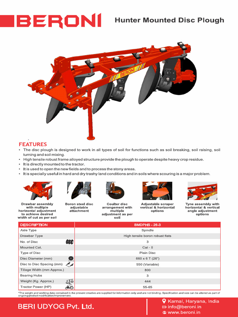 Hunter Mounted Disc Plough - 3 Bottom - Beroni | PDF