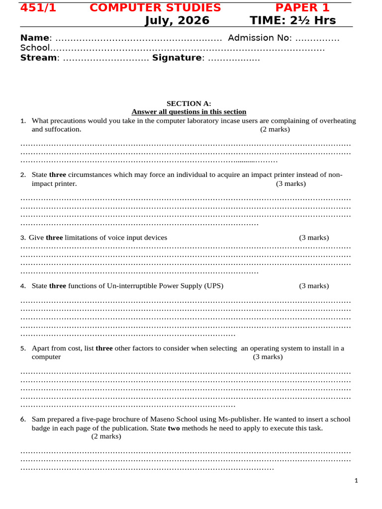 Computer Studies PP1 Form 4 | PDF | Information Technology | Computer ...