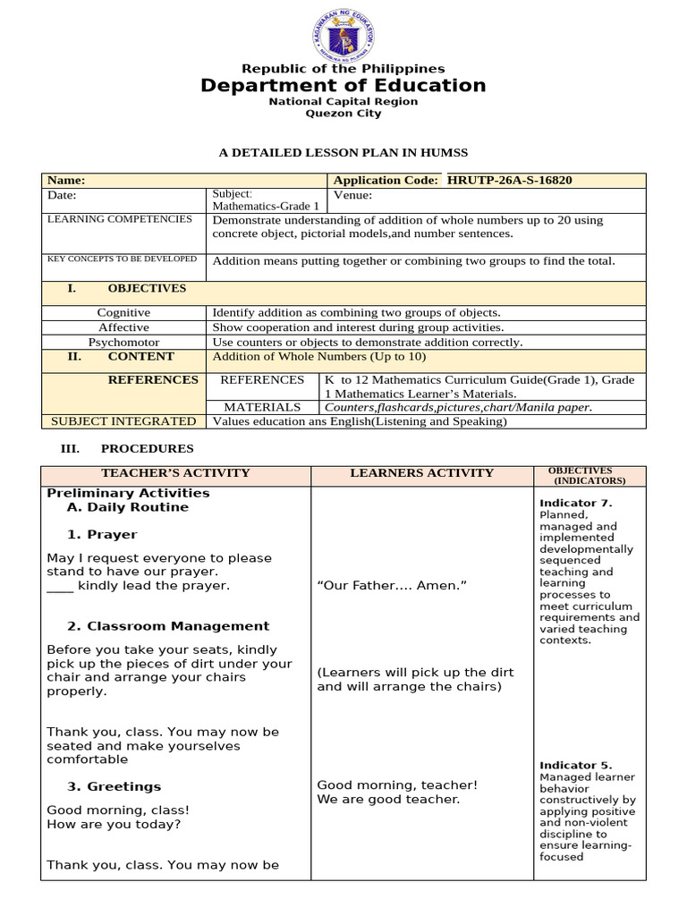 Mathematics Grade 1 (DLP) | PDF | Learning | Teachers