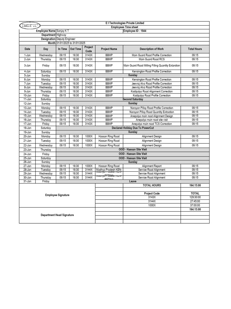 21.TimeSheet - Jan 2025-Sanjay K T | PDF