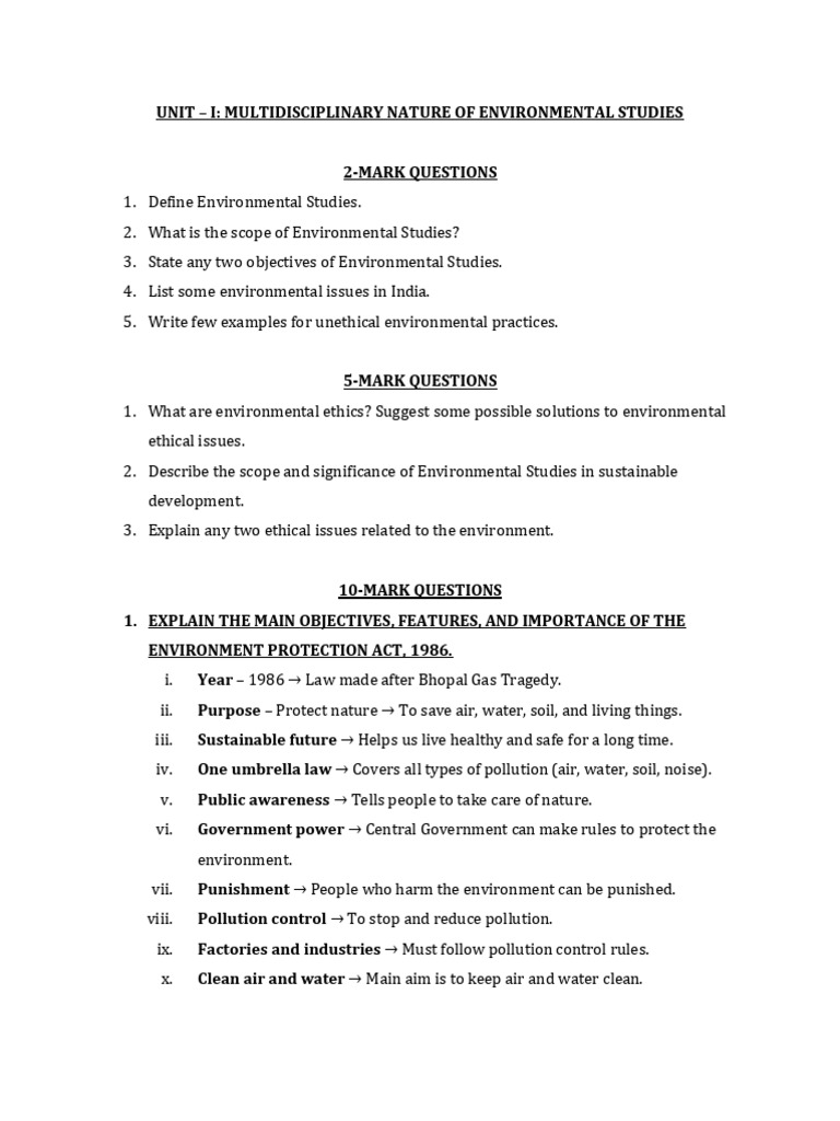 EVS Important Questions - Unit I and II-1 | PDF | Renewable Resources ...