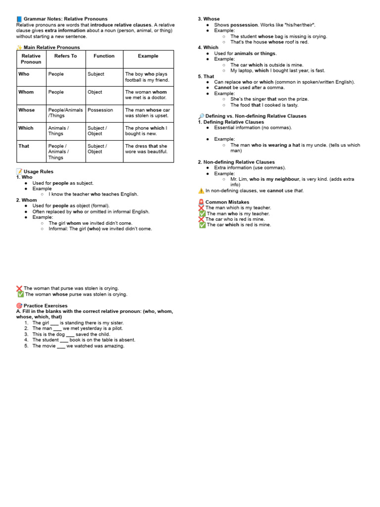 ? Grammar Notes - Relative Pronouns | PDF | Pronoun | Subject (Grammar)