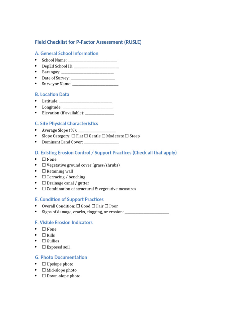 P Factor Field Checklist Baguio Schools | PDF