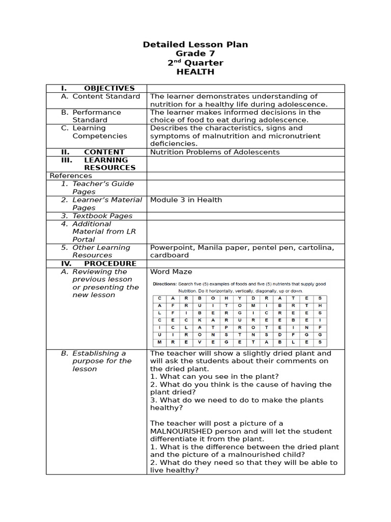 Detailed Lesson Plan HEALTH Q2 | PDF | Malnutrition | Nutrition