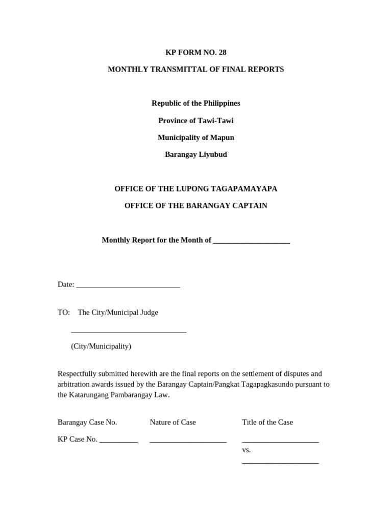 KP Form 28 Monthly Transmittal Barangay Liyubud Mapun | PDF