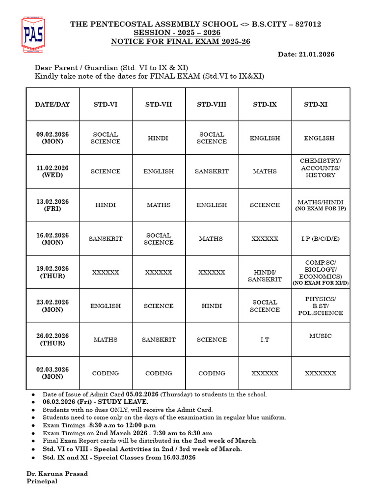 Date Sheet, Final Exam 2025-26 STD 6 To 9 and 11 | PDF