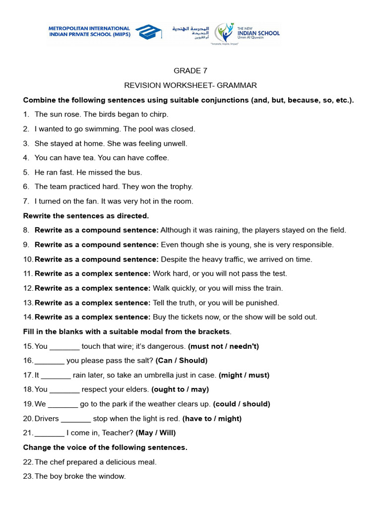 Revision Worksheet - Grammar - Grade 7 | PDF