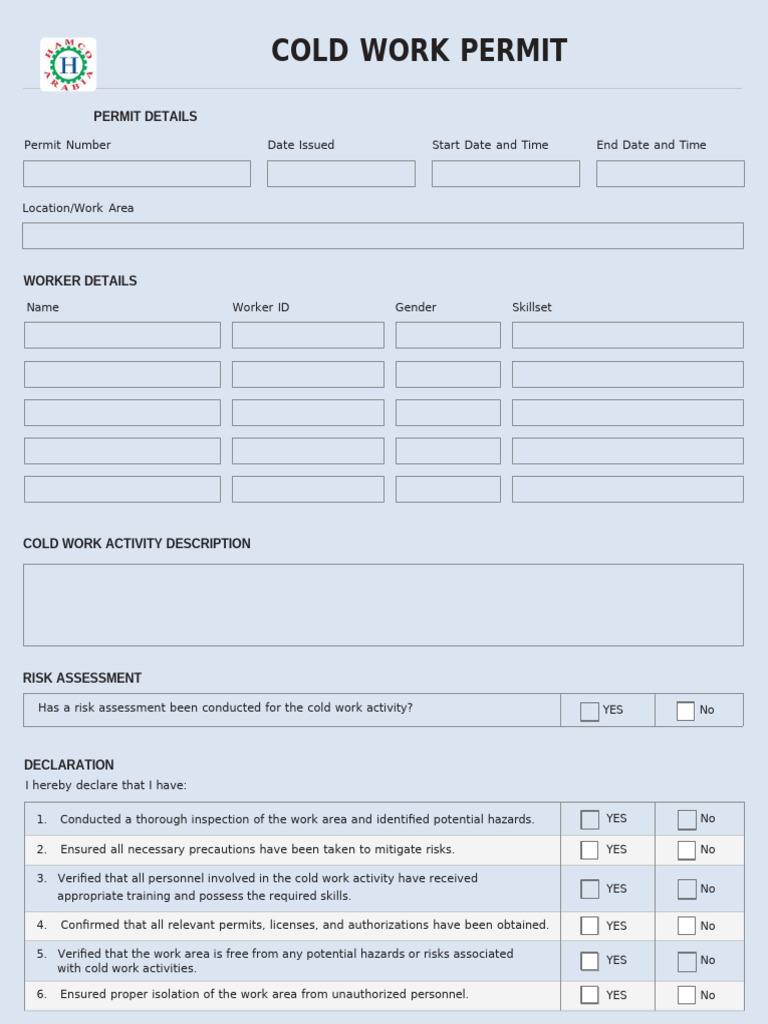 Cold Work Permit Form | PDF | Personal Protective Equipment | Safety