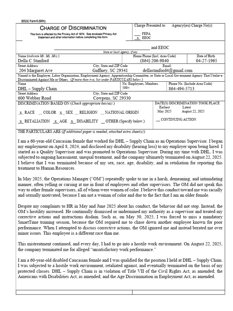 EEOC Charge Form Stanford - Signed | PDF | Hostile Work Environment ...