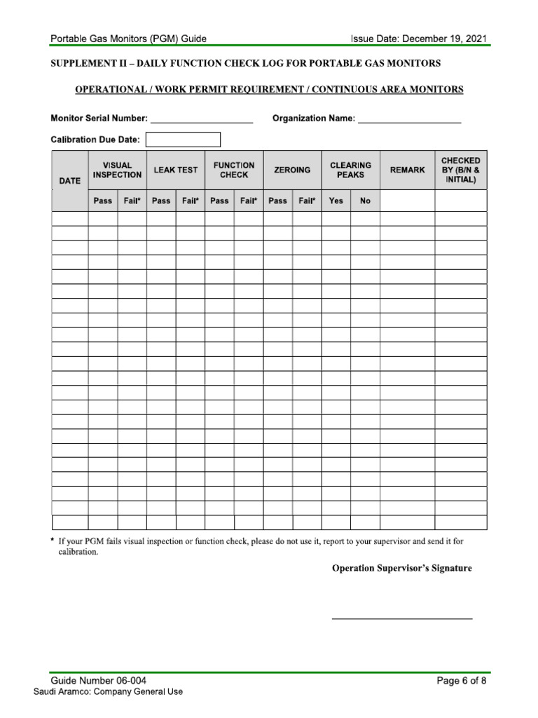 Daily Function Check Log For Portable Gas Monitors | PDF