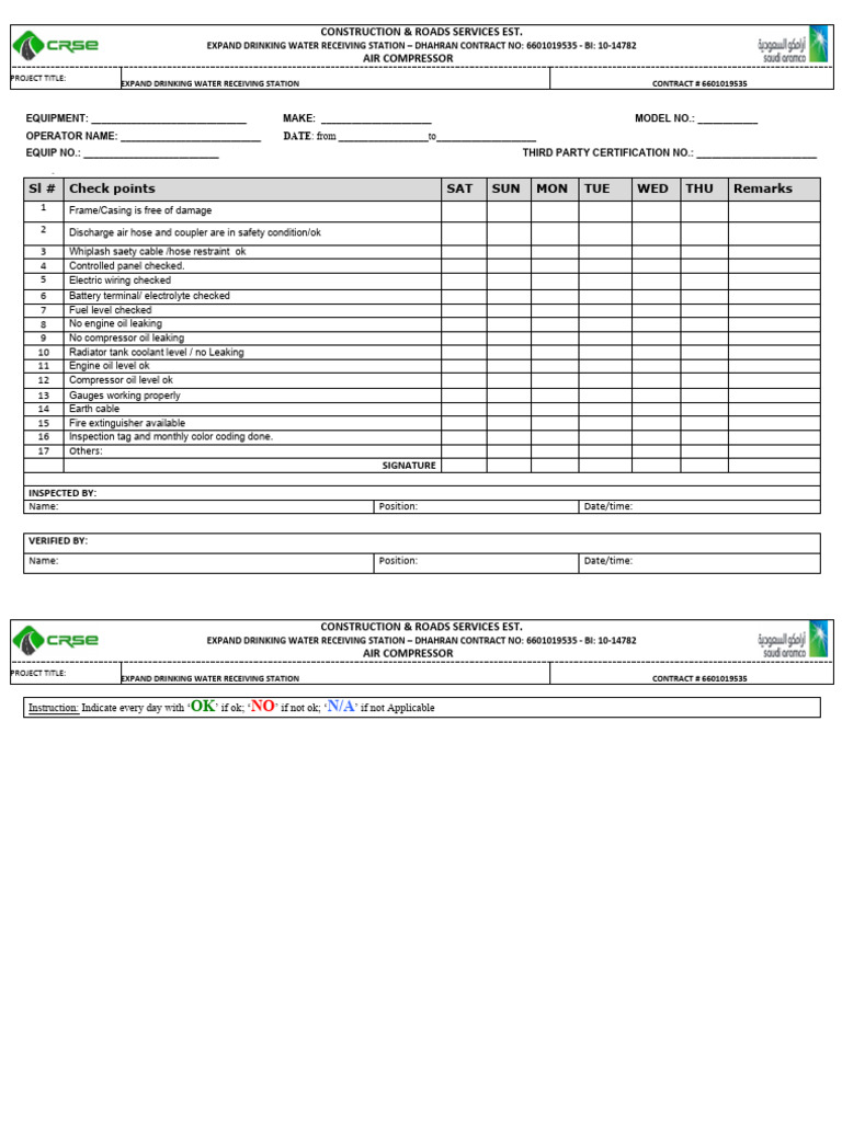 Air Compressor Safety Inspection Checklist | PDF | Manufactured Goods