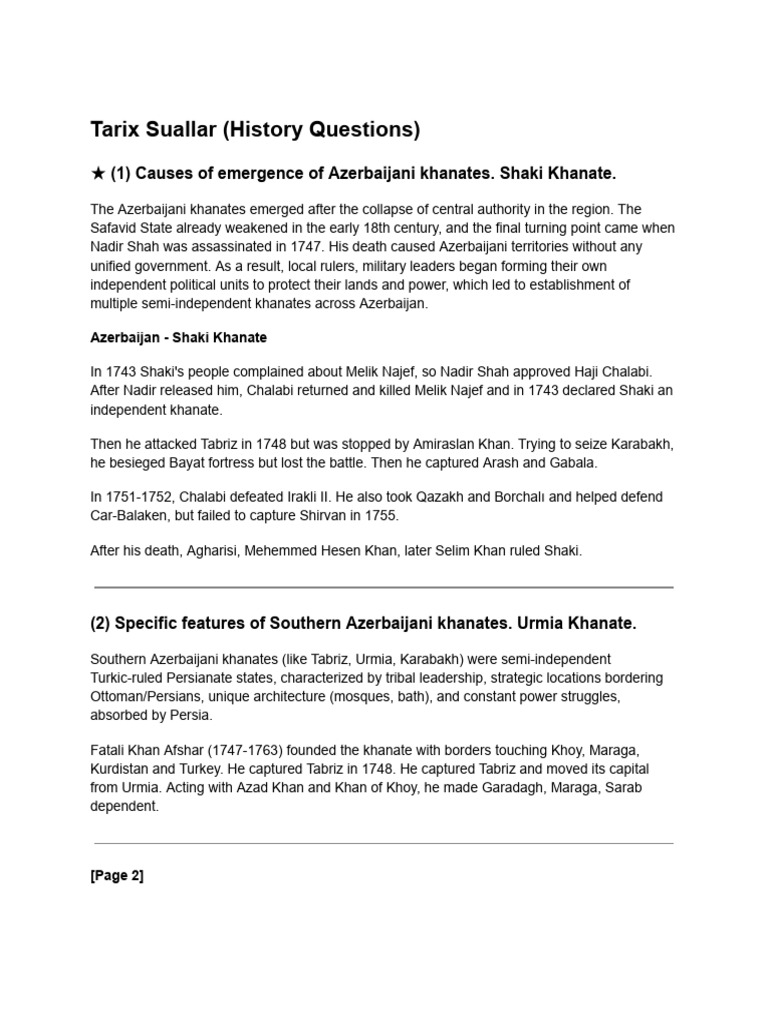 Tarix Suallar (History Questions) | PDF | Azerbaijan