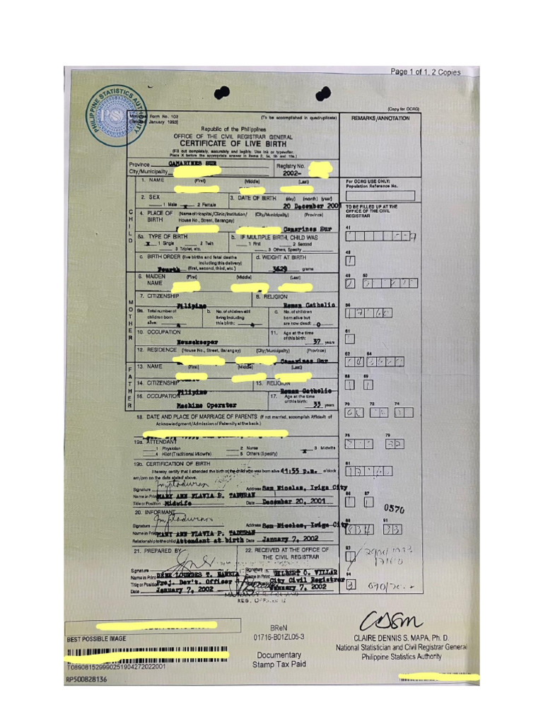 Sample BIRTH CERTIFICATE PSA Copy With Corresponding Official Receipt 3 ...