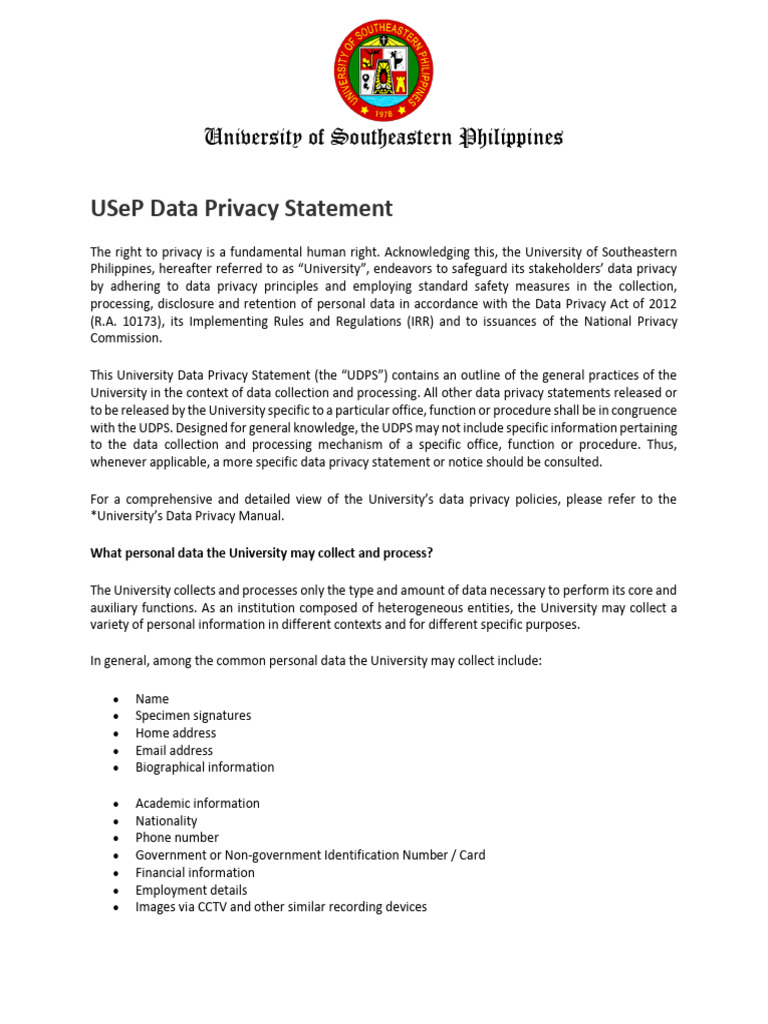 USeP Data Privacy Statement | PDF | Privacy | Information