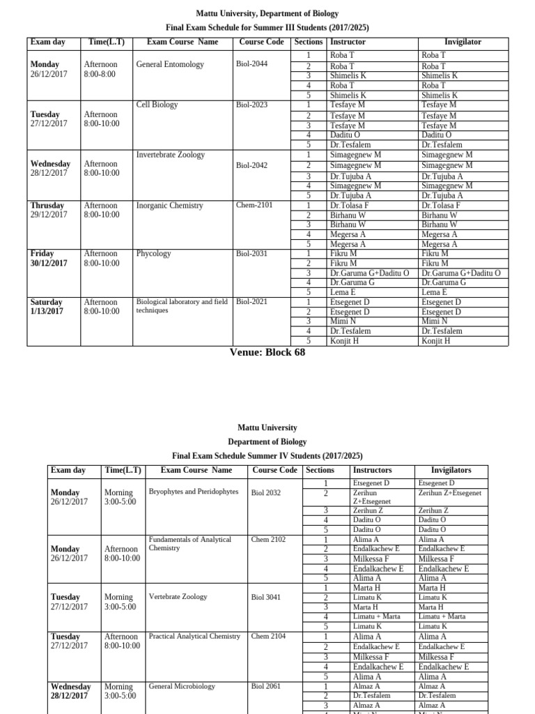 Summer 2017 Final Exam Schedule | PDF | Life Sciences | Biology