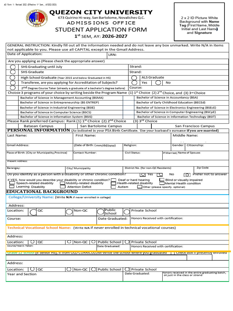 QCU Admission Form 2026 2027 Revised | PDF | Disability