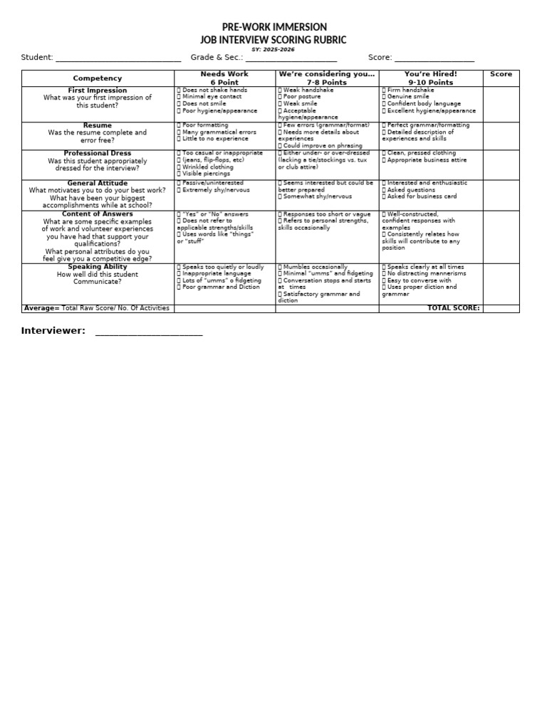 Rubrics For Interview Work Immersion | PDF | Job Interview | Human ...